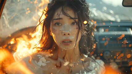 Young Asian bride engulfed in flames, wearing charred, torn wedding attire, seated in burning car cockpit, expressing agony and despair.generative ai