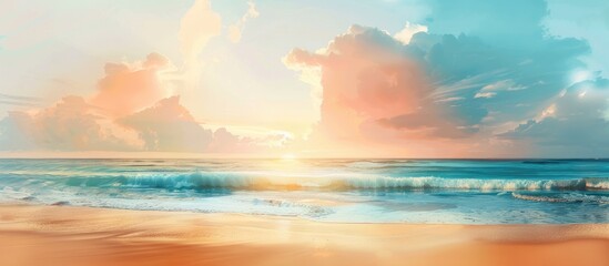 Abstract background of the sea during summer or spring, featuring a golden sandy beach against a backdrop of blue ocean, clouds, and a sunset. - obrazy, fototapety, plakaty