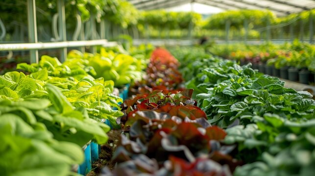 A vast greenhouse facility showcasing rows of lush, organic vegetables grown using advanced hydroponic technology, with plants nurtured in nutrient-rich water solutions.