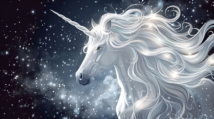 White unicorn vector head with mane and horn, generative Ai