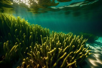 Fototapeta na wymiar an underwater landscape, showcasing the natural elegance of seagrasses in a sunlit sea.