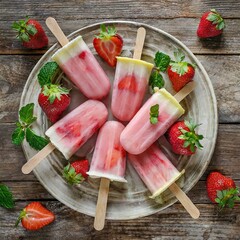 a top-view table scene highlighting healthy strawberry yogurt ice pops arranged on a plate, set against a rustic wood background. The popsicles are artfully displayed to create a visually striking com - obrazy, fototapety, plakaty
