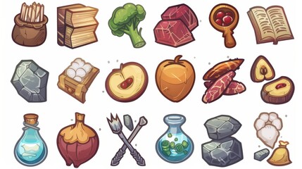 An icon set with stone and food. A user interface award design with 2d treasure element. A collection of isolated energy, wood, book and water loot props.