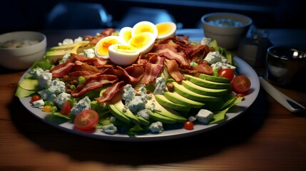 Fototapeta na wymiar A hearty Cobb salad with rows of bacon eggs avocado