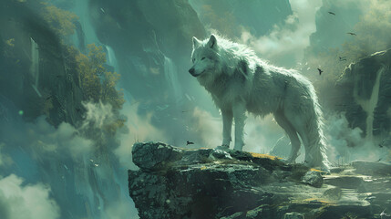 A white wolf in a fantasy landscape, generative Ai - obrazy, fototapety, plakaty