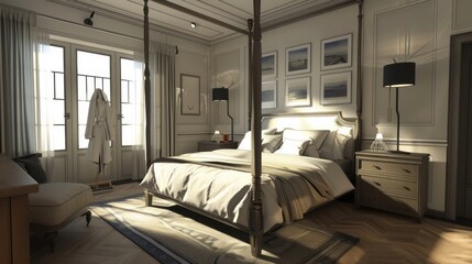 Interior design of a modern bedroom in light gray tones in a multi-story building.