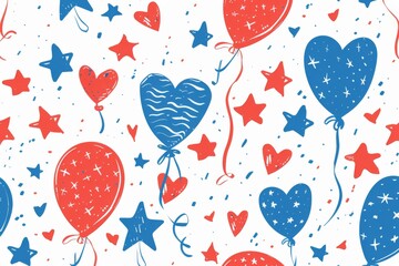 4th of July American National Day celebration, seamless pattern with heartshaped balloons and fireworks elements. Red white blue color scheme, hand drawn doodle style. White background.