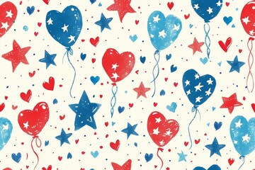 Fototapeta na wymiar 4th of July American National Day celebration, seamless pattern with heartshaped balloons and fireworks elements. Red white blue color scheme, hand drawn doodle style. White background.