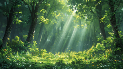 illustration of a dense forest with shafts of sunlight filtering through the canopy