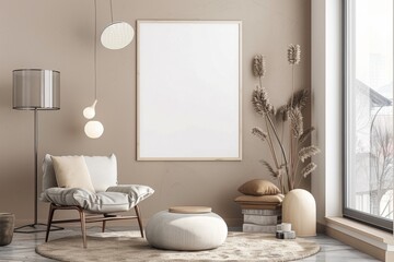 Beige Scandinavian Interior with Poster Mockup created with Generative AI