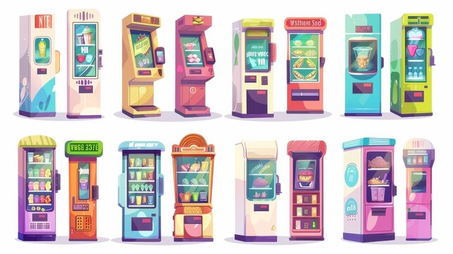 Modern illustration of vending machines in a shopping mall or school, selling ice water, tea, teabags, sandwiches, salads, teas and coffees.