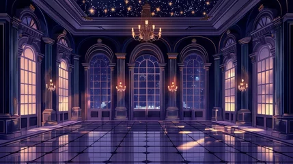 Fotobehang Interior design of a night ballroom. Modern illustration of a dark royal palace with many stars in the midnight sky, luxurious floor, marble columns, and golden chandeliers. Vintage museum design. © Mark