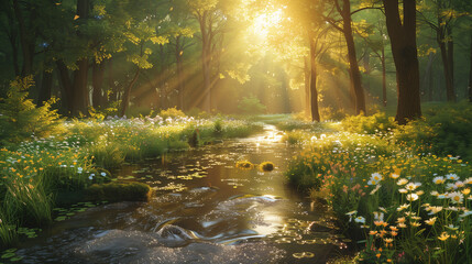 Obraz premium A serene illustration of a peaceful woodland glade, with a babbling brook and wildflowers in bloom
