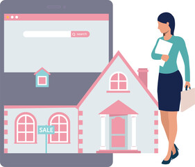 The girl is looking at a house for rent.