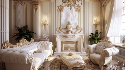Interior design of a living room in an aristocratic baroque style in a luxury home.
