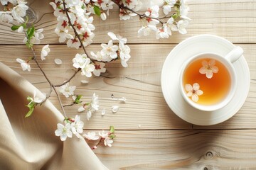 Fototapeta na wymiar Top view of tea set with blooming tree branch decoration