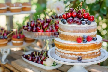 Obraz na płótnie Canvas Summer wedding dessert layered protein cream cakes with fresh cherry and berries outdoors