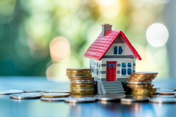 A small toy house next to a stack of coins on a blurred background symbolizes invests, savings, buying and selling real estate, your own dream home with copyspace for text
 - obrazy, fototapety, plakaty