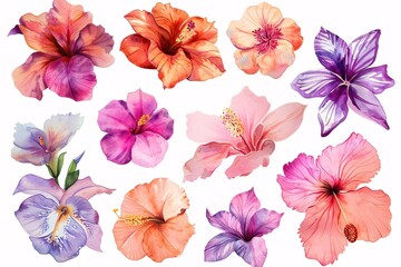 Delicate vector watercolor flowers, hand drawn and isolated on a pristine white background