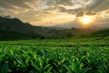 Sunset over a tea plantation landscape - obrazy, fototapety, plakaty