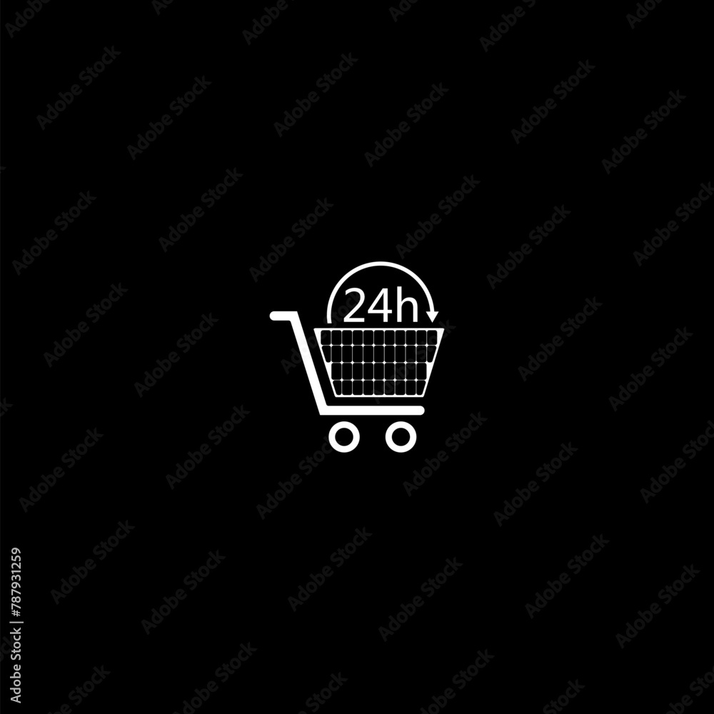 Sticker 24 hour shopping glyph icon isolated on dark background