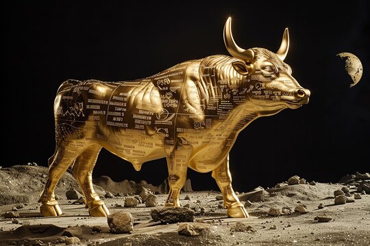 Sculptural Bull, A bull statue made of gold with stock tickers engraved on its body, standing on a lunar surface