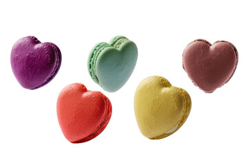 Colorful heart shape macaroons cake floating on the air isolated on background, sweet cookies macaroons Desserts sweet cake concept.