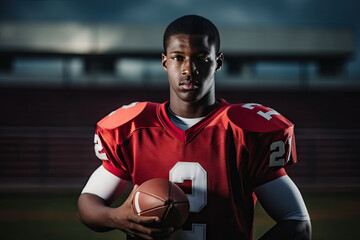  Confident Young Football Athlete Holding Ball on Field with Dramatic Lighting