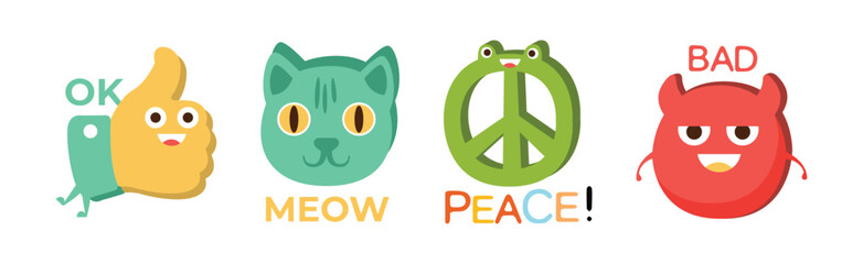 Positive Social Sign Character with Funny Smiling Face Vector Set