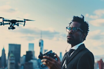 Professional journalist operating a drone in cityscape at sunset