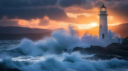 Rolgordijnen A lone lighthouse standing sentinel against crashing waves on a rocky coastline © Mars0hod