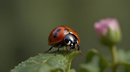 Obraz premium Ladybird Coccinella septempunctata on a snowdrop flower. Spring background. Delicate white flower in spring on a blue.generative.ai 