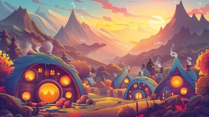 Cartoon dwarf village in mountain valley at sunset. Modern illustration of small fairy tale houses with round windows, farming equipment and fruit and vegetable harvest in autumn. Fantasy game - obrazy, fototapety, plakaty