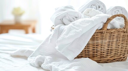 Fototapeta na wymiar A basket full of white towels and a white blanket