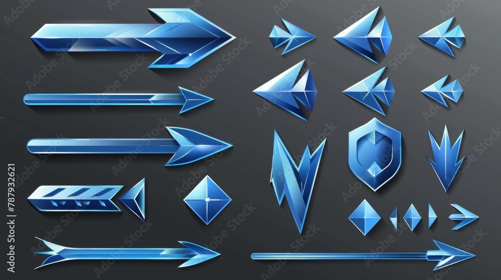 Poster 3d set of blue arrow cursors isolated on transparent background. modern illustration of glossy direc