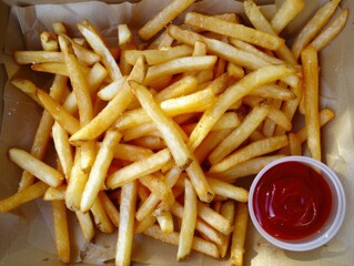 A box of french fries with a ketchup bottle next to it
