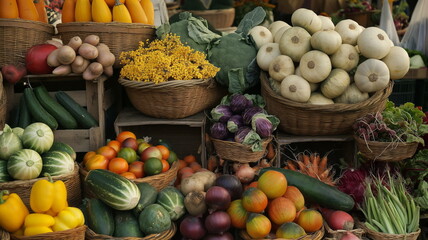 Autumn Harvest Bounty, Fresh Vegetables and Fruits at a Farmers Market