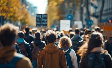 Demonstration advocating for climate action, with people holding signs demanding environmental justice, capturing the collective call for change.