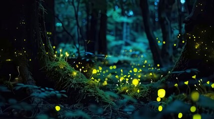 A fantasy forest at night with fireflies glowing in the dark