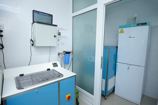 Lockers, table milk heating box, freezer made by Leco medical. Human Milk Bank lab. Kyiv Ukraine