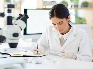 Science, woman and writing in lab with biotechnology for sample analysis, leaves experiment or...