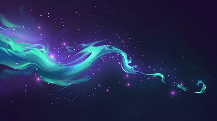 An effect of magic spells in neon green, isolated on a dark background. An energetic effect of witches with purple glow and sparkles. A fantasy cosmic vibrant wizard shape. - obrazy, fototapety, plakaty