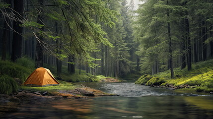 Orange tent beside a tranquil river amidst a foggy forest, peaceful morning in nature - obrazy, fototapety, plakaty