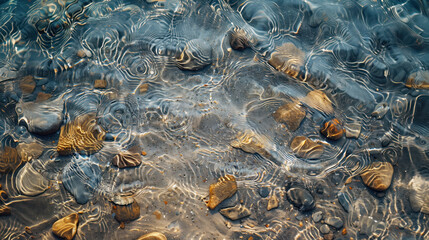 Rippled water surface over riverbed pebbles.
Sunlight dances over a close-up of pebbles under rippling water creating a dynamic, textured pattern