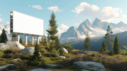 Obraz premium Large blank billboard stands in a natural setting with mountains in the background, inviting potential advertisements against a serene landscape