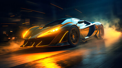 sports car riding on highway road. Car in fast motion. Fast moving supercar on the street. 3d illustration