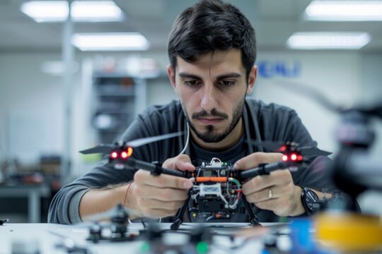Focused technician carefully adjusts a drone in modern laboratory setting