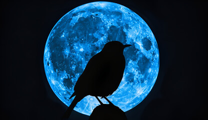 Bird silhouette with full moon. - obrazy, fototapety, plakaty