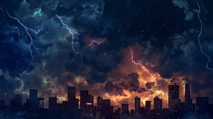 dramatic lightning storm illuminating the night sky over a silhouette of city buildings - obrazy, fototapety, plakaty