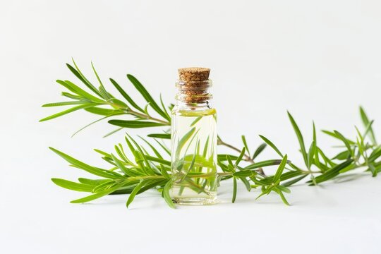 Tea tree oil branch and essential oil on white background